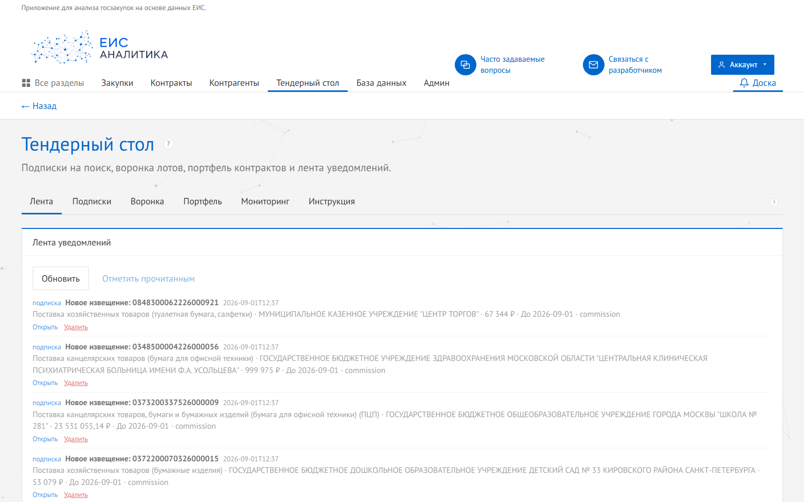 Рабочий интерфейс ЕИС Аналитики с тендерным столом и лентой закупок